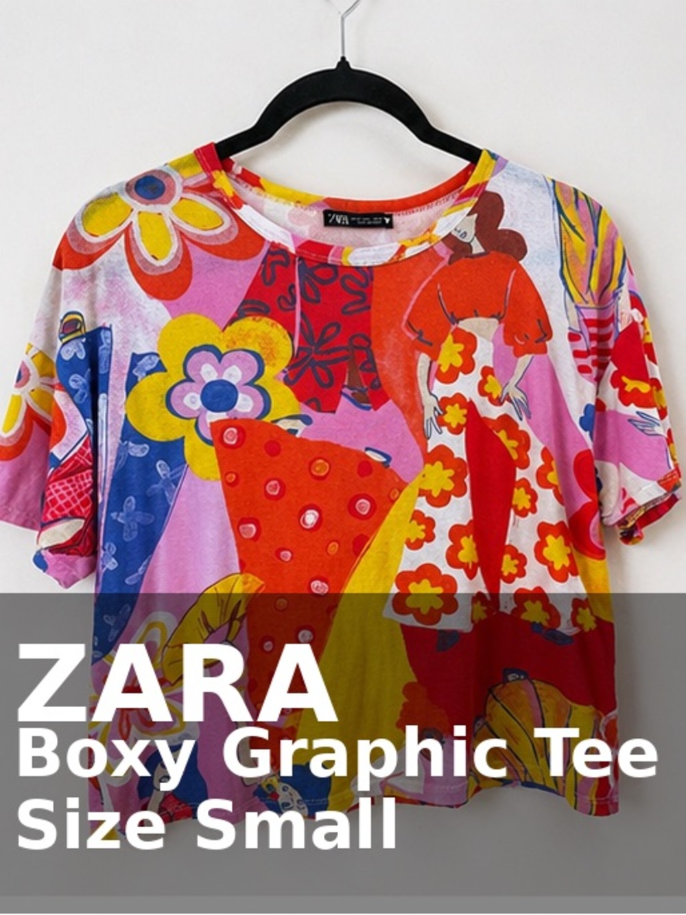 ZARA Bright Floral Print Short Sleeve Top - Pink Multicolor - Boxy Fit - Picture 2 of 6